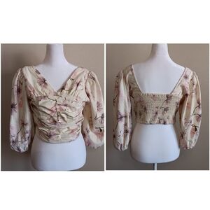 Ruched Midriff Linen Blend Floral Puff Sleeve Peasant Top, Express Medium